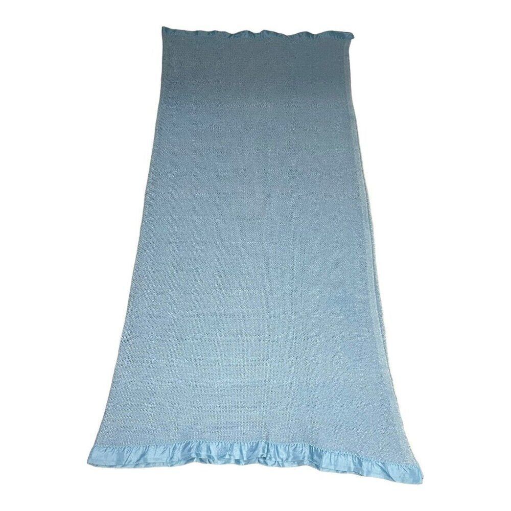 Twin Size Esmond Satin Trim Baby Blue Waffle Weave Sheet Vintage Blanket 74.5x64